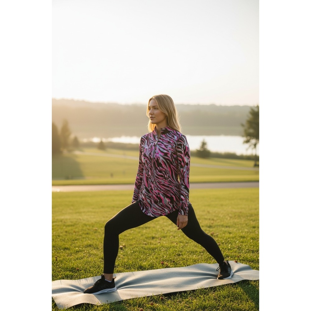 Lulu-B Quarter Zip Pullover Women Pink Black Marble Swirl Print Small